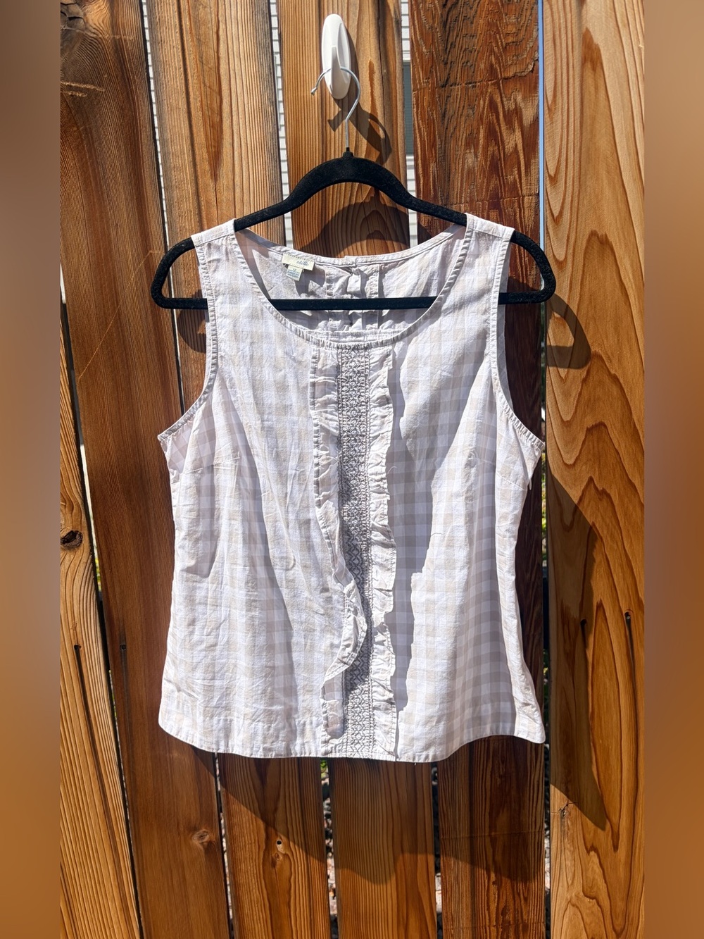 ANTHROPOLOGIE ODILLE TAUPE GINGHAM RUFFLE SLEEVELESS BLOUSE TANK TOP SZ 12 L